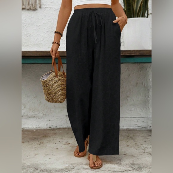 100% cotton preppy boho beach lounge pants classic summer wide leg pants white - Picture 6 of 7